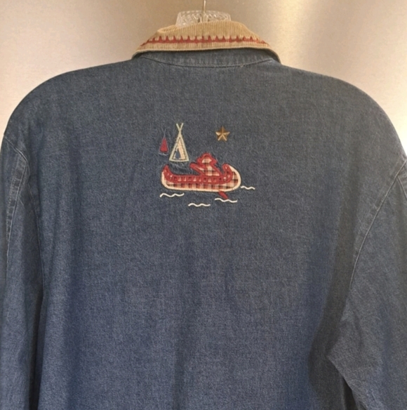 🛶Vintage Teddi Denim Jean Jacket Corduroy Trim Embroidered Canoe Camping Theme - Picture 4 of 12